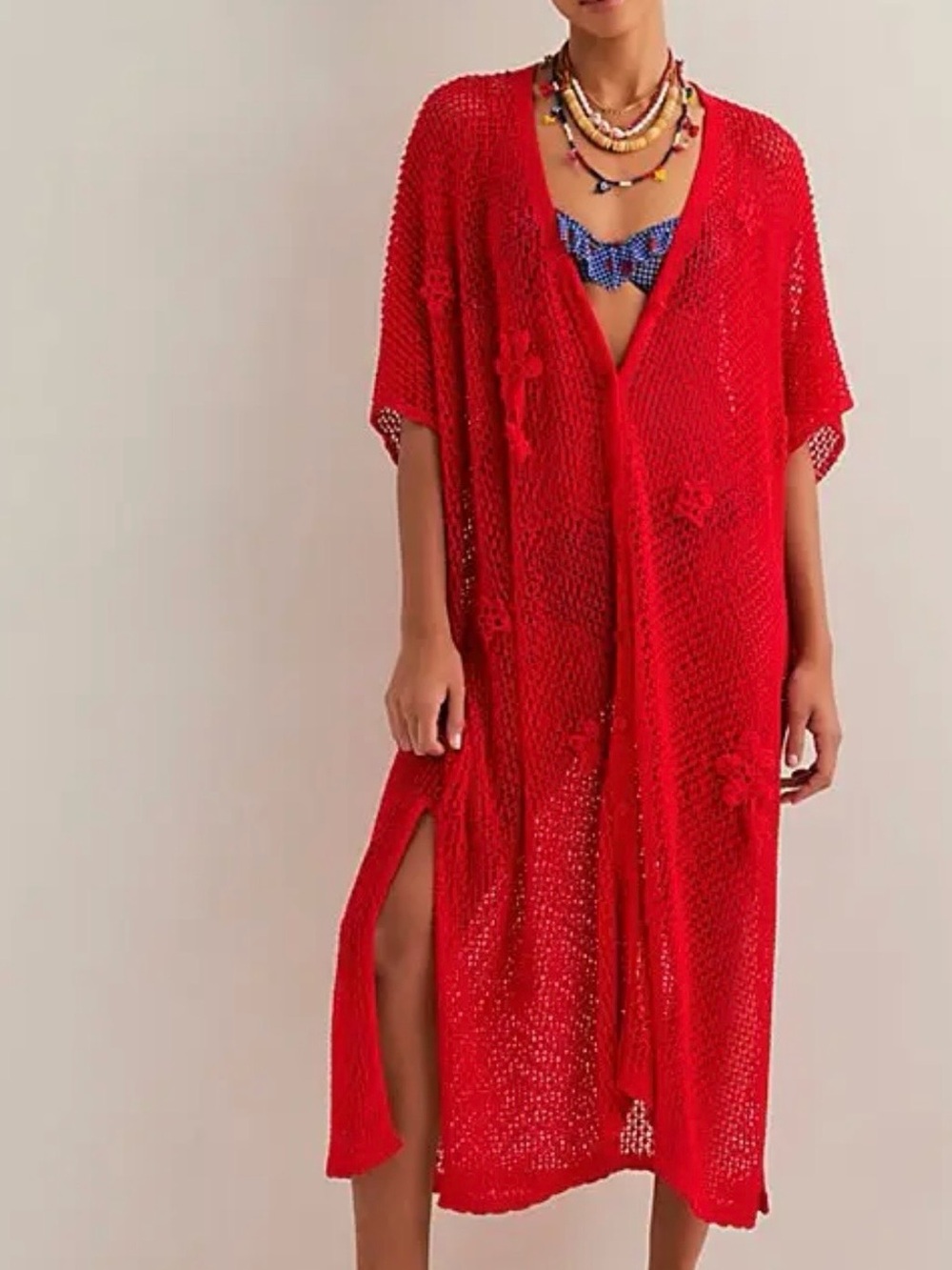 Free People Red Crochet Kaftan Beach Cover-Up